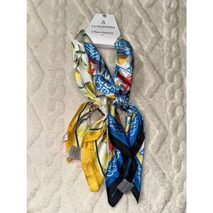 LA VALENTINA White Yellow Blue Coastal Summer Neck Head Bandana Scarf Set x 2